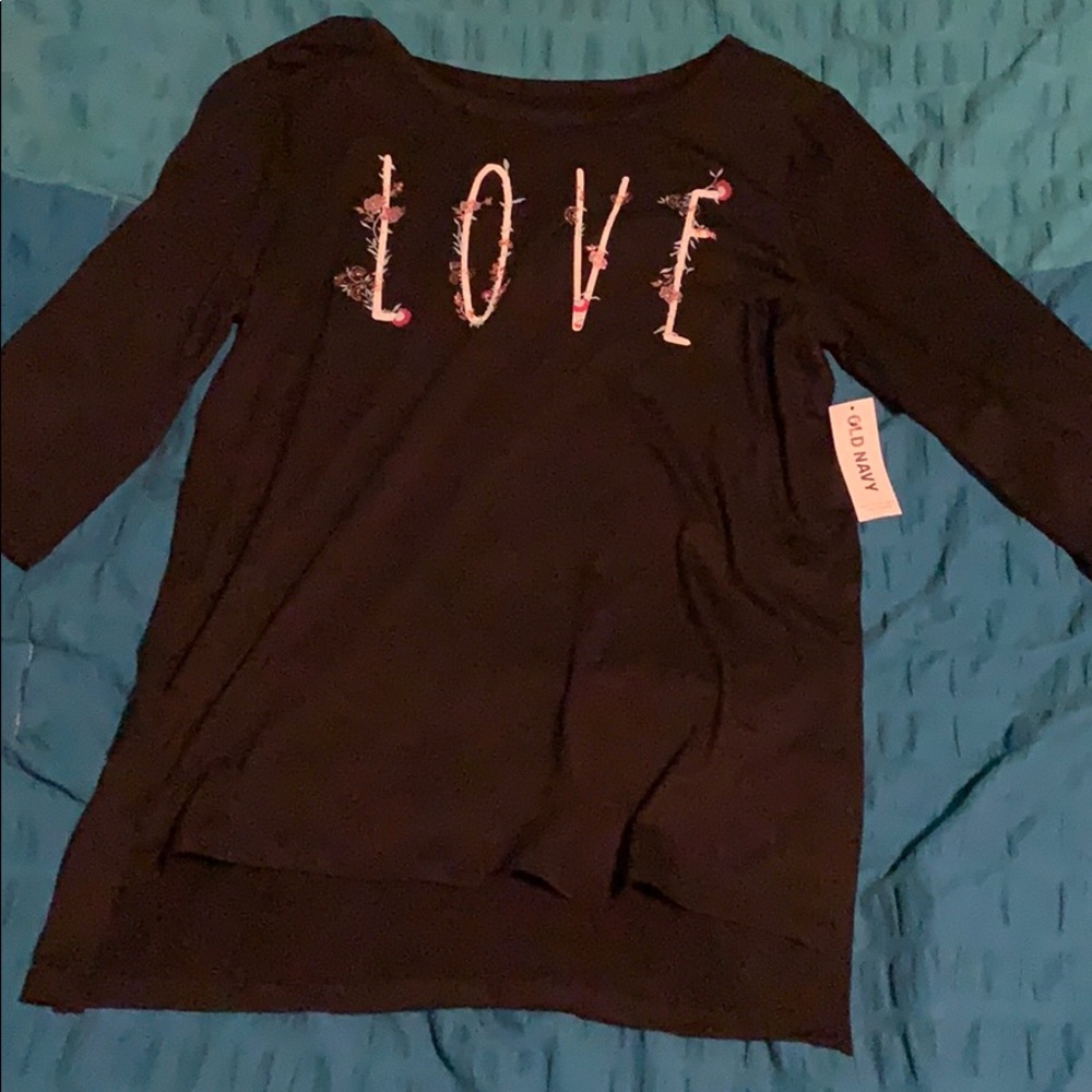 black long sleeve shirt with LOVE printed on